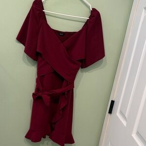 Ruffled Off-Shoulder Wrap Mini Dress in Wine